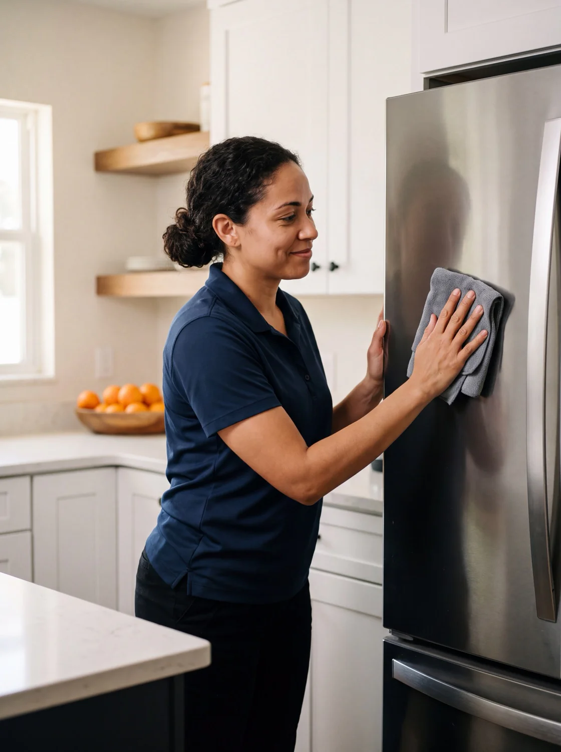 A Z&R house cleaner polishing a stainless steel refrigerator in a bright Orlando kitchen