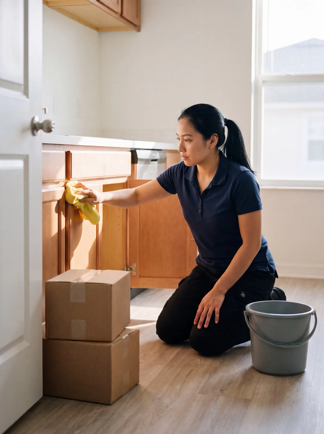 A Z&R cleaner wiping the inside of an empty kitchen cabinet on move-out day in Orlando