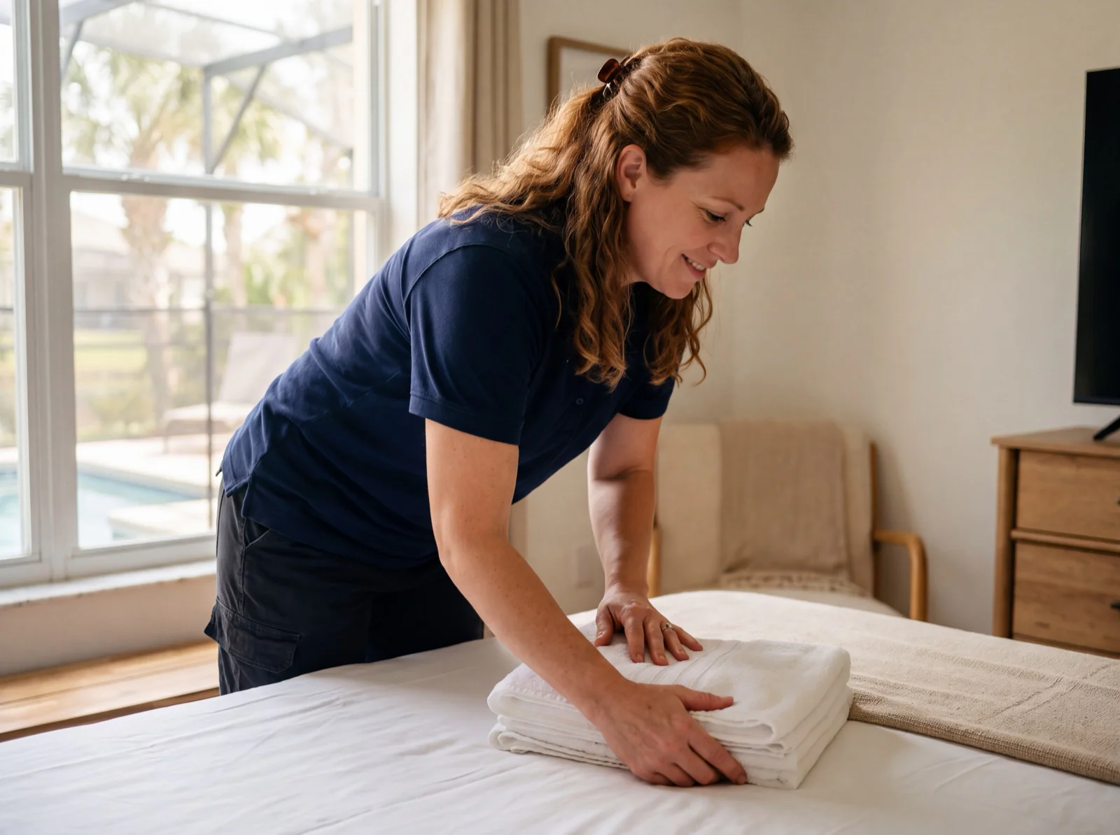 A Z&R cleaner making a bed with fresh linens in an Orlando vacation rental